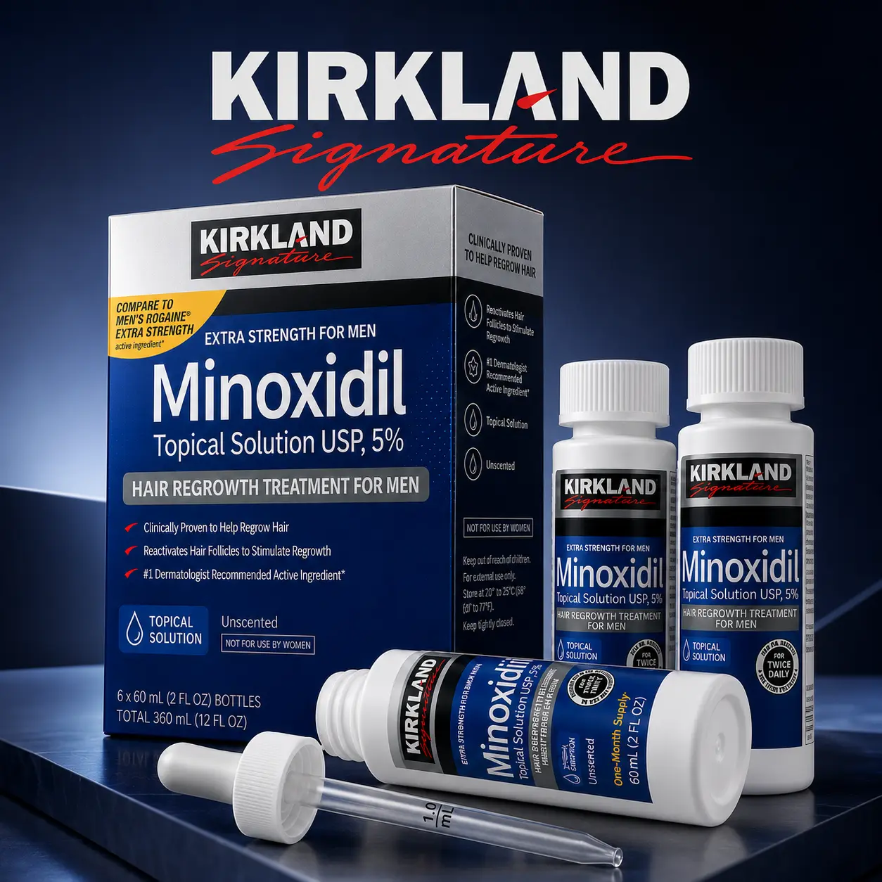 Kirkland Minoxidil 5% Hair Care Serum Daily Scalp Drops Topical Serum Kit for Thicker & Fuller Looking Hair - Premium Men's Grooming & Nourishing Personal Care Routine with Precision Dropper weak