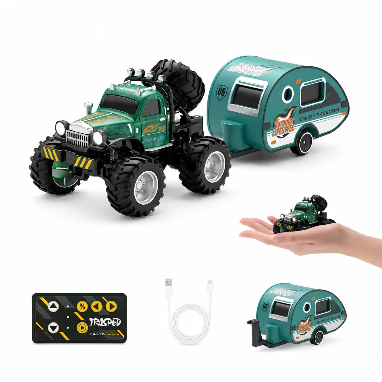 Mini RC Car 1:64 Scale RC Truck with Trailer 2.4Ghz Remote Control Rechargeable RC Cars Toy Gifts, Summervibes, Rc Model Car