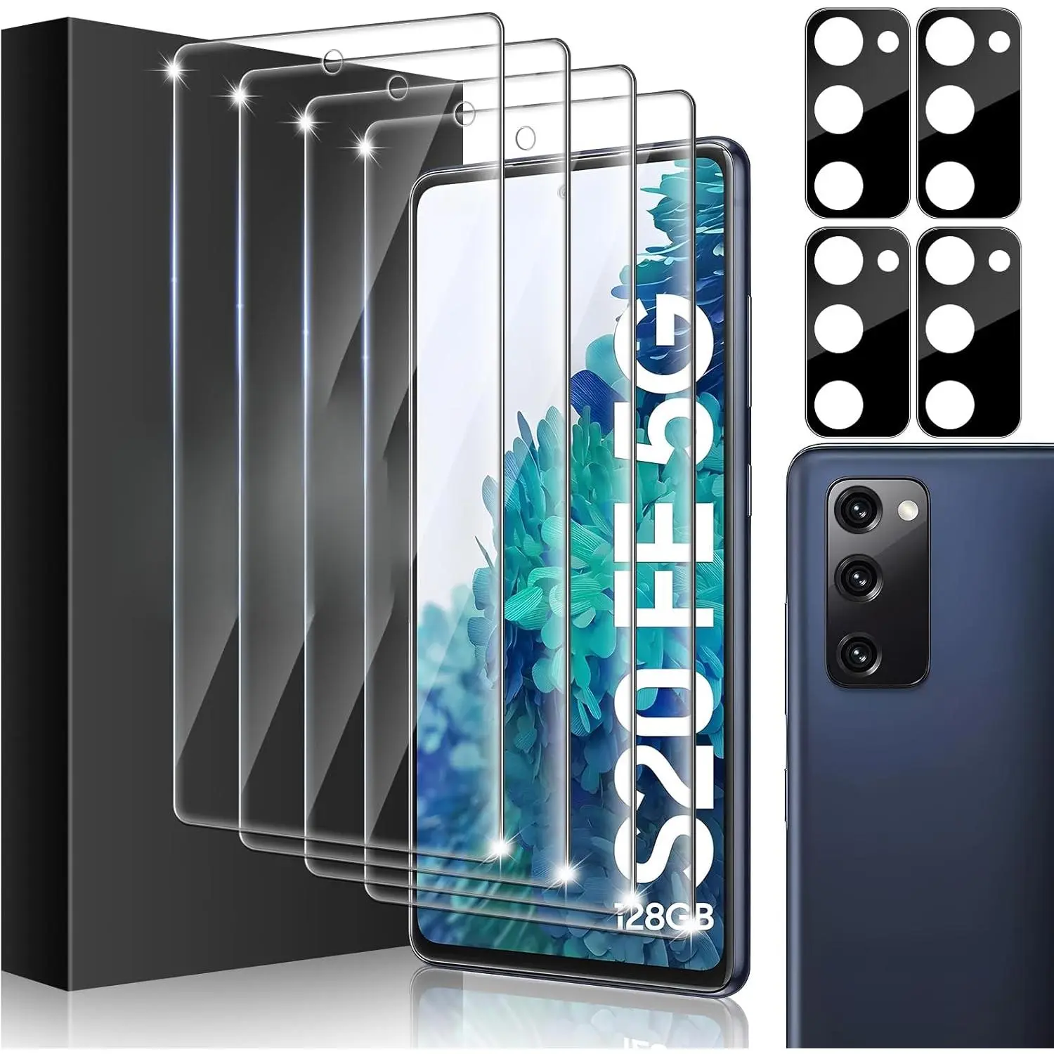4+4 Pack for Samsung Galaxy S20 FE 5G Screen Protector & Phone Camera Lens Protector, 9H Tempered Glass Cell Phone Protector, Anti-Fingerprint Camera Case