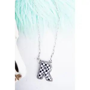 Black & White Checkered 'R' Silvertone Necklace