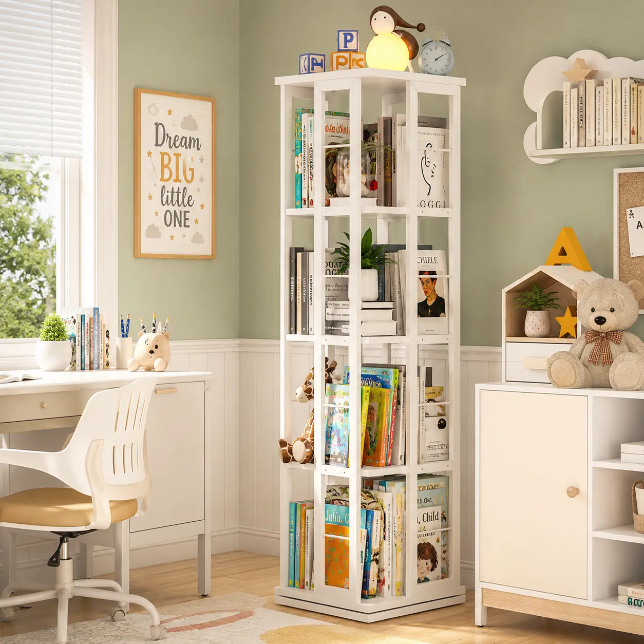 Aheaplus 5-Tier 360° Rotating Bookshelf, Wood Revolving Bookcase，Space-Saving Corner Display Tower Holds Up to 300 Books for Bedroom, Living Room & Home Office, Stable Book Organizer, 54" Tall