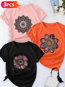 Women's Casual Short Sleeve Crew Neck Cotton T-Shirt – 3PCS Mandala & Floral Graphic Print Set, Multicolor, Machine Washable Spring & Summer Top, Soft Skin-Friendly Fabric, Daily Versatile, Fashion Design