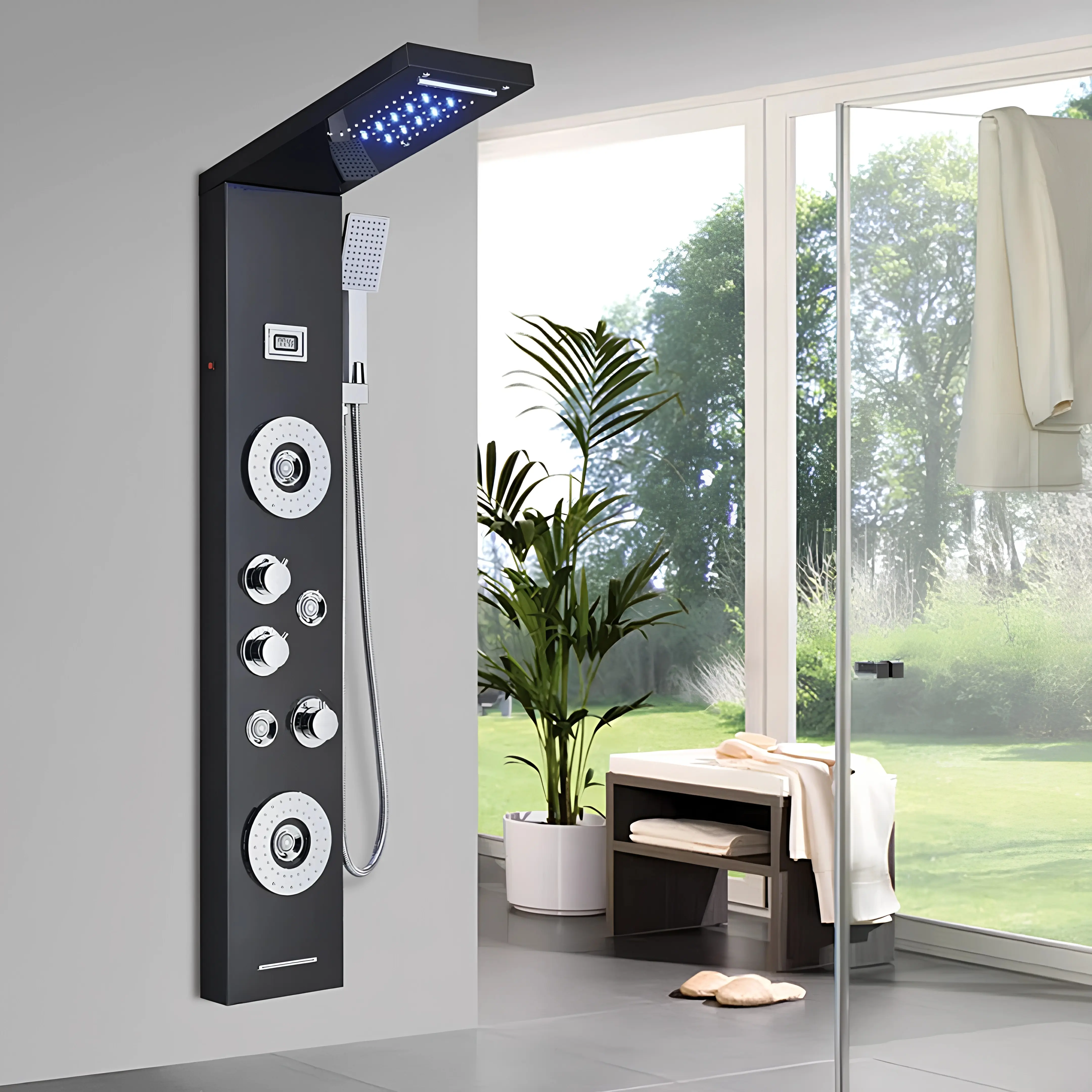 Matte Black Adjustable Shower Tower with LED Rainfall Showerhead, High-Pressure Waterfall Massage Jets, Tub Tap Fixture, LED Display Screen, Wall-Mount Orb Design, 1/2" FIP Connection for Bathroom Home Improvement
