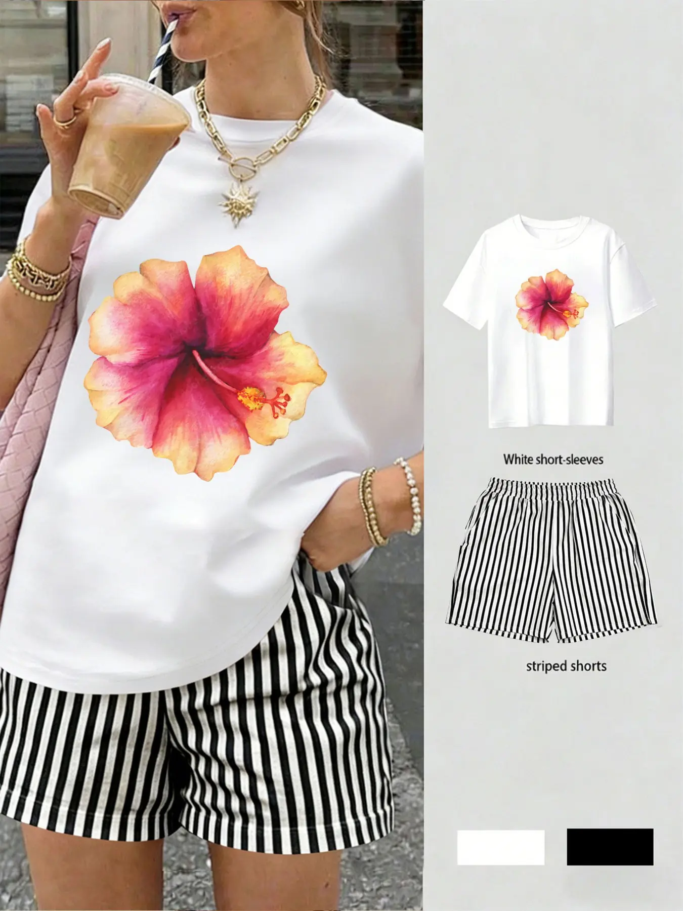 Women's Casual Short Sleeve Crewneck T-Shirt and Shorts Set, Geometric Print, Loose-Fitting, Mid Waist, Comfortable Breathable Fabric, Womenswear Clothes, Summer