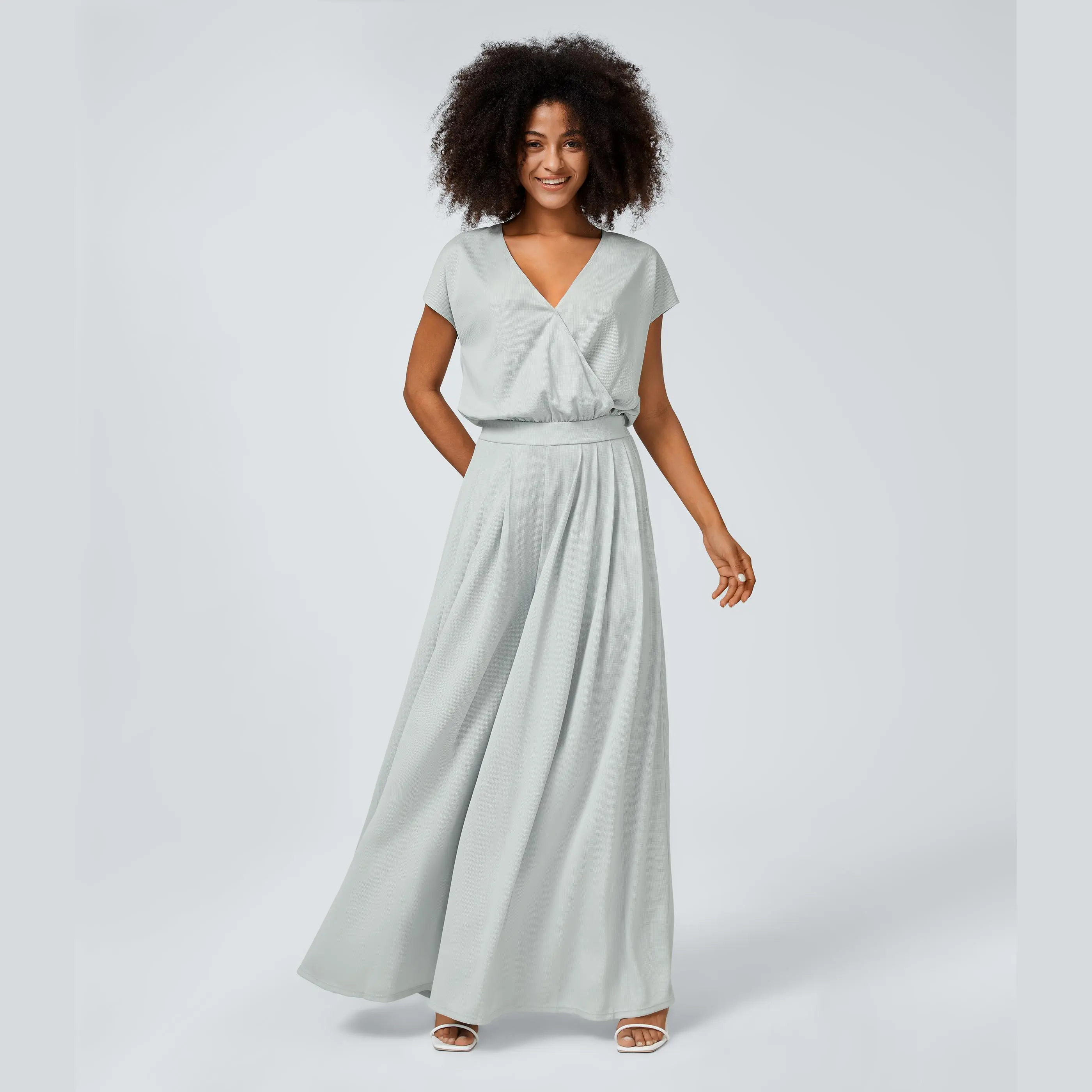 Halara V Neck Short Sleeve Side Pocket Wide Leg Flowy Waffle Casual Jumpsuit