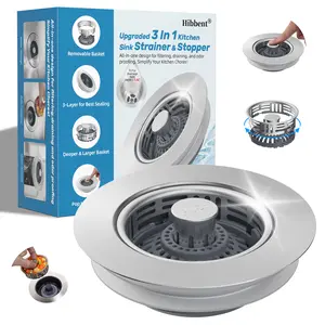 Hibbent Upgraded 3 in 1 Kitchen Sink Drain Strainer, Stainless Steel Pop Up Sink Stopper, Larger Anti-Clogging Basket, 3-Layer Seal, Detachable Drain Plug for US Standard 3-1/2" Drain, Brushed Nickel
