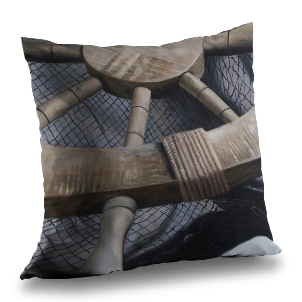 360 Stand Helm on Fishing Net Throw Pillow, 14x14 in, Nautical Theme Maritime Vibe Soft Poly Twill Weave Textile, Home Decor Accent Standard Fish-Themed Furnishing Pillow, Stain Resistant