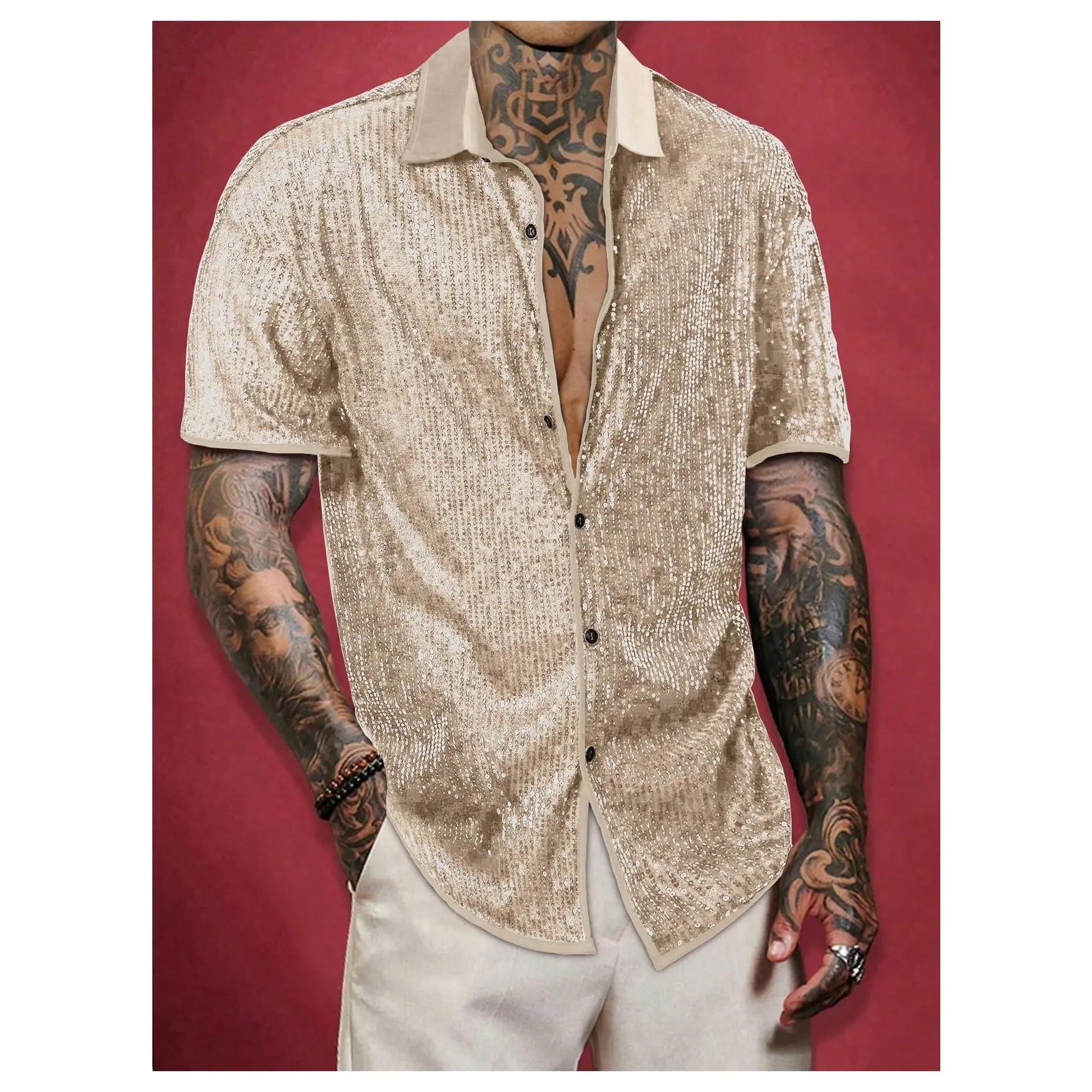 Men's Sequin Glitter Short-Sleeve Button-Front Collared Shirt - Soft Fabric Party Wear Top for Holiday Dances Menswear