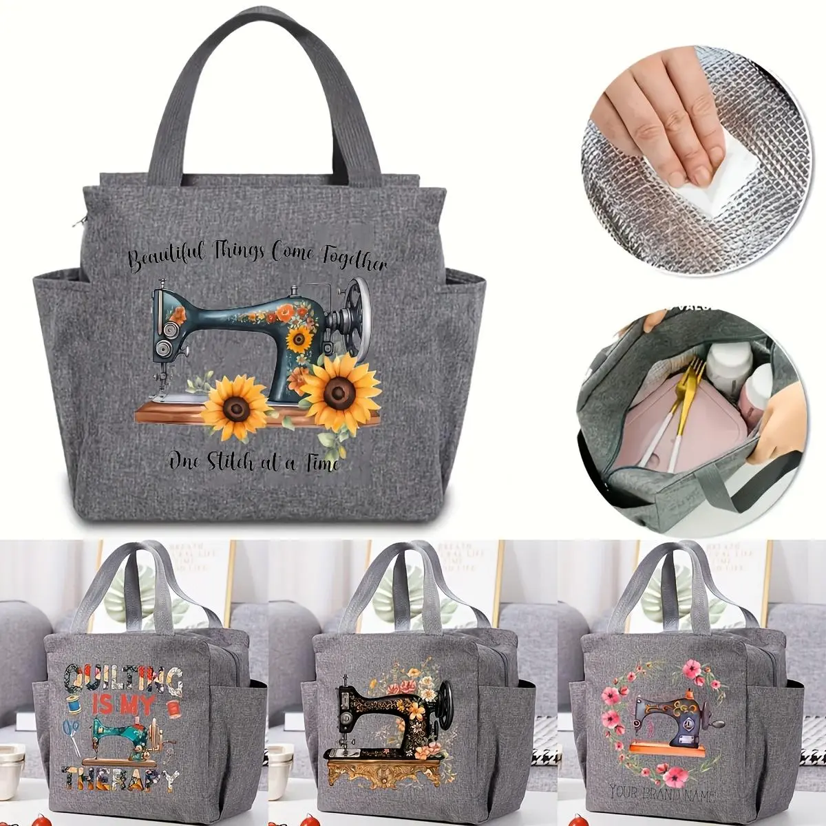 Stylish Floral Sewing Machine Tote Bag - Vintage-Inspired Design with Sunflowers & Patchwork Details - Large, Insulated, Waterproof Carrier for Women - Perfect for Office, School, Picnic, Travel, and Gifts