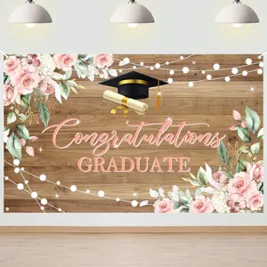 Rustic Wood Graduation Banner Congratulations Graduate Party Decorations Background Pink Floral Grad Banner Backdrop for Photography 6 x 3.6 ft