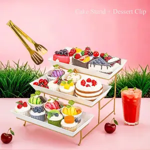 2-Piece Gold Frame White 3-Layer Cake Stands Set with Dessert Clip, Party Dessert Stand, Simple Structure, Easy to Clean for Birthdays, Weddings