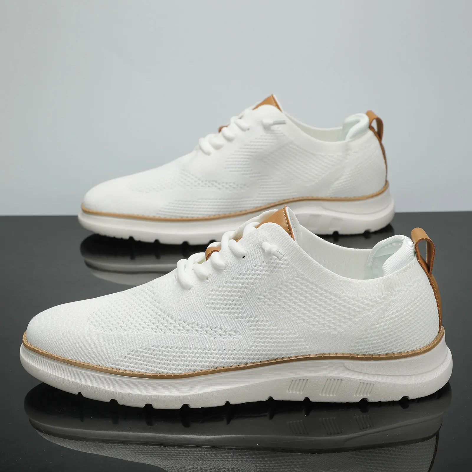 Men's Casual Dress Sneakers Breathable Knit Mesh Oxford Shoes Lightweight Comfortable Walking Shoes with Tan Brown Sole Accents and Heel Pull Tab Athletic Running Footwear Runner Training Boy Trainer Closed