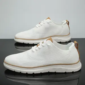 Men's Casual Dress Sneakers Breathable Knit Mesh Oxford Shoes Lightweight Comfortable Walking Shoes with Tan Brown Sole Accents and Heel Pull Tab Athletic Running Footwear Runner Training Boy Trainer Closed