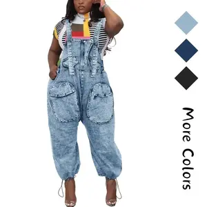 Women's Bib Denim Overalls Loose Wide Leg Jean Jumpsuit With Cargo Pockets