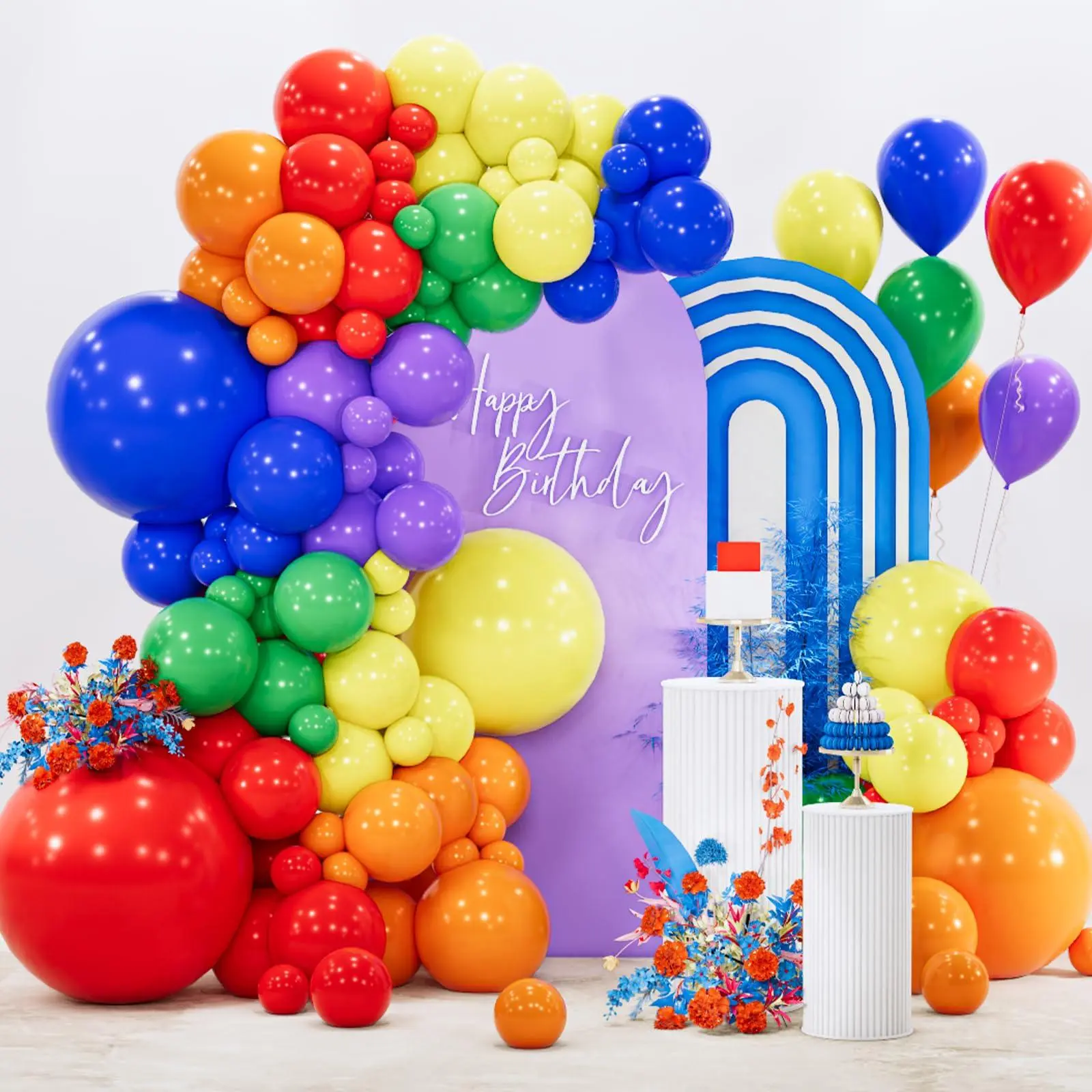PartyWoo Colorful Round Rainbow Balloon Arch Kit, 142pcs Multi-Size Standard Neck Easy-Inflate Balloons (18/12/10/5in) for Birthday, Wedding, Baby Shower Party Decorations