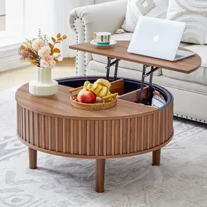 Giratree 31.5” Round Lift-Top Coffee Table with Hidden Storage, Mid-Century Modern Fluted Wooden Table for Small Living Spaces