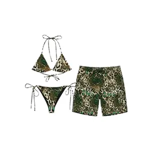 [Hot Summer 2026] - Green Leopard Couple Swimwear Set – Matching Bikini Set & Hawaii Shorts, Sexy Tropical Beach Outfit