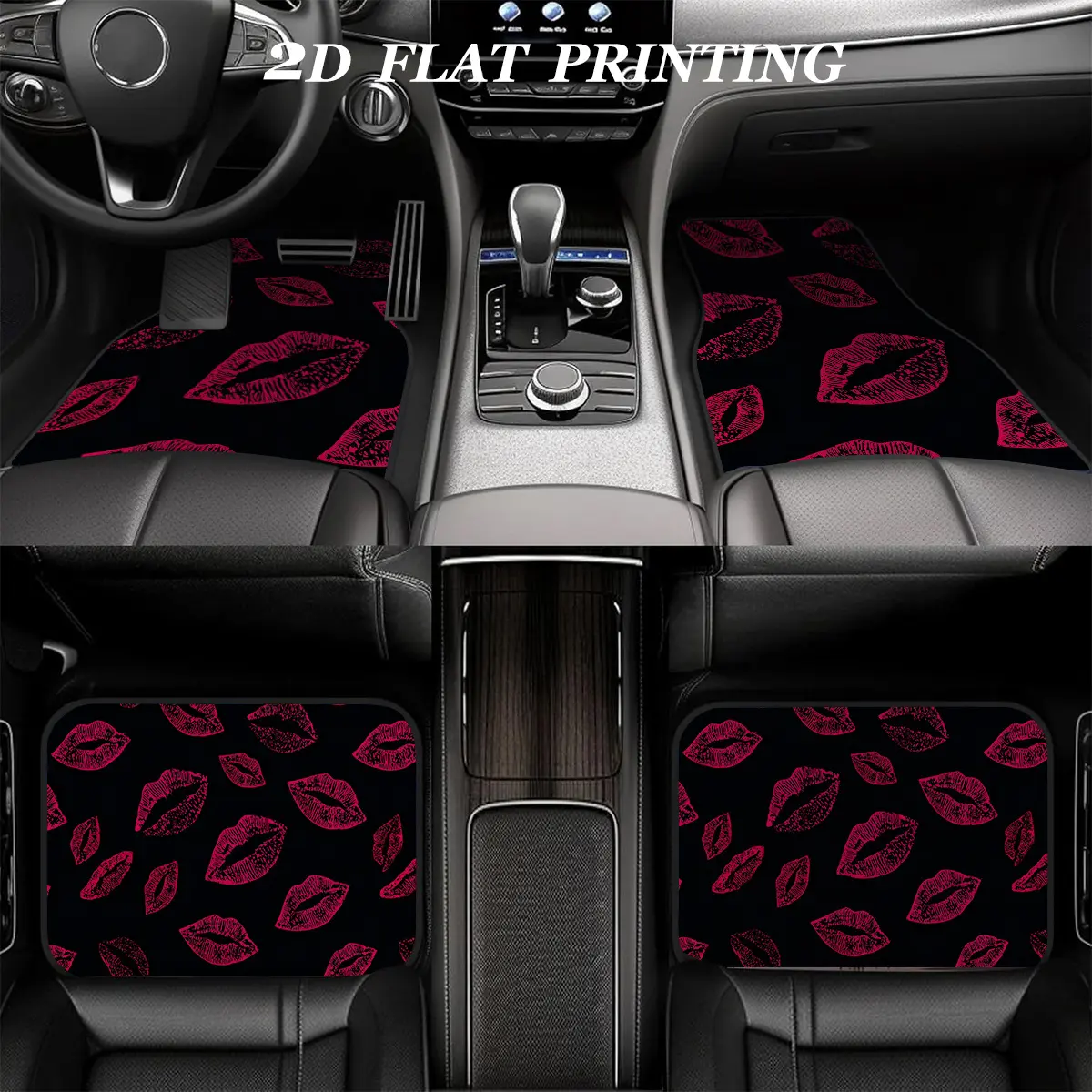 4PC, non-slip material all-weather car floor mat - pink lip print repeating pattern, suitable for cars, SUV models, interior decorations, protect the bottom of the car, Car Accessory, Car Mats