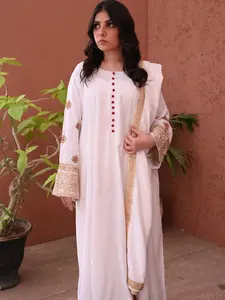 3PC White Flared Dhanak Suit with Embroidered Sleeves & Chiffon Dupatta