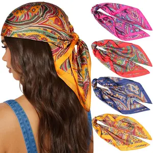 AWAYTR 27.5” Paisley Flowers Pattern Square Head Scarf 4PCS/Set Head Scarves for Women Hair Kerchief Bandanas Neck Scarf Head Wrap