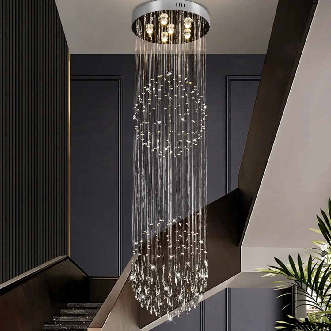 [Bulb not included] Modern K9 Crystal Raindrop Chandelier, 160cm Long, Baking Paint Stainless Steel, for Staircase/Living/Dining,  Elegant Design  L-QH-MP073