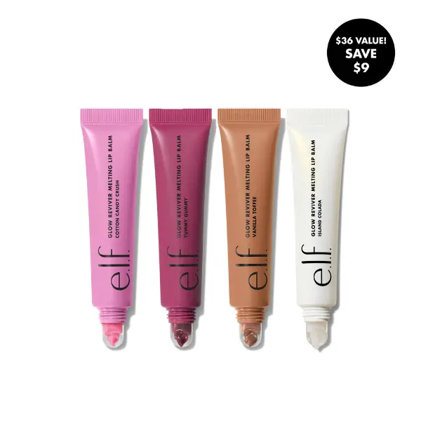 e.l.f. Glow Reviver Melting Lip Balm 4-Pack - Island Colada, Cotton Candy Crush, Vanilla Toffee, Yummy Gummy - Smooth Application, Buildable Color, Hydrating Butters