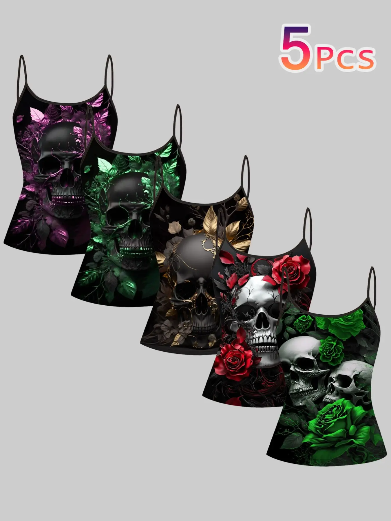 5-Piece Gothic Skull Rose Print Tank Tops, Silver 3D Strap Top, Vintage Floral Pattern Sleeveless T-Shirt, Elegant Comfy Cami, Camisole Tank Tops for Women