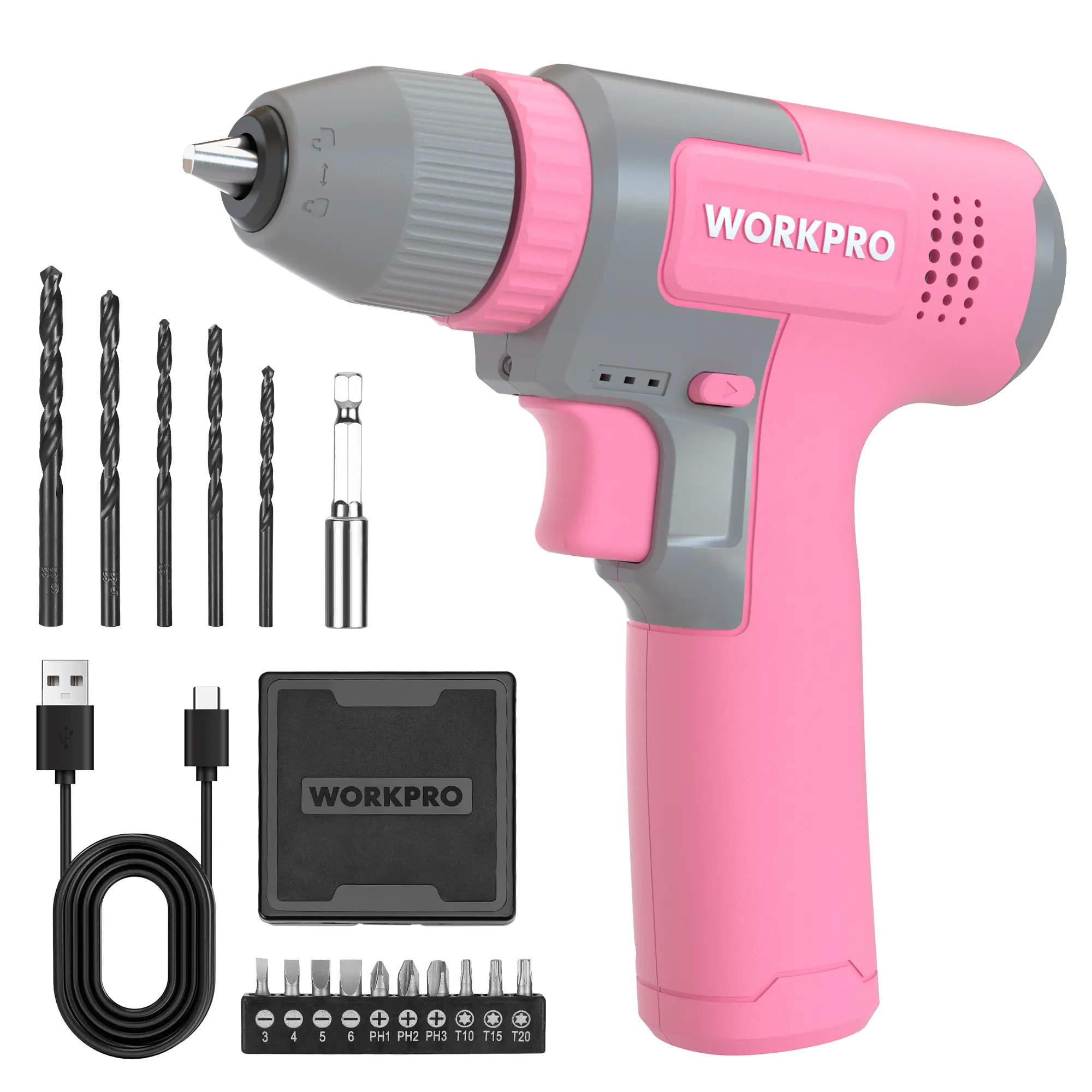 #fathersdaygift WORKPRO Cordless 8V Drill Driver Set, 2Ah Electric Power Drill with 3/8'' Keyless Chuck, 15pcs Bits & 1 Type-C Charging Cord for Drilling and Screwing