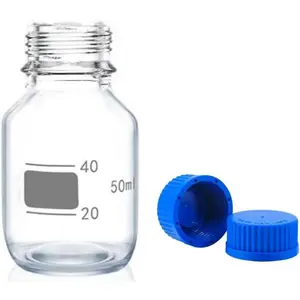 50ml Reagent Media Bottle, Graduated Glass Round Media Storage Bottle with blue GL32 Screw Cap, Wide Mouth Lab Reagent Bottle, Clear,Pack of 1