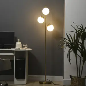 HOMCOM 3-Light Modern Floor Lamps for Living Room, Tree Standing Lamp for Bedroom with Globe Lampshade, Steel Base, (Bulb Not Included), Gold