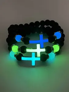 Cross Beaded Glow-In-The-Dark Bracelet, Unisex Fashion Accessory, Trendy Jewellery Accessories, Perfect for Parties and Daily Wear, Stylish and Elegant Gift Idea, Stackable Bracelets, Fashion Cross Bangle