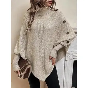 Turtleneck Batwing Sleeve Button Detail Cable Knit Poncho,Long Sleeve Tops Knit Pullover Fall Winter Outfit