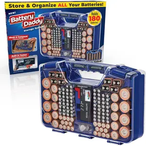 Battery Daddy & Organizer Case with Tester, Stores & Protects Up to 180 Batteries,-Sided, Clear Locking Lid, Latches & Handle - Blue (Batteries Not Included)