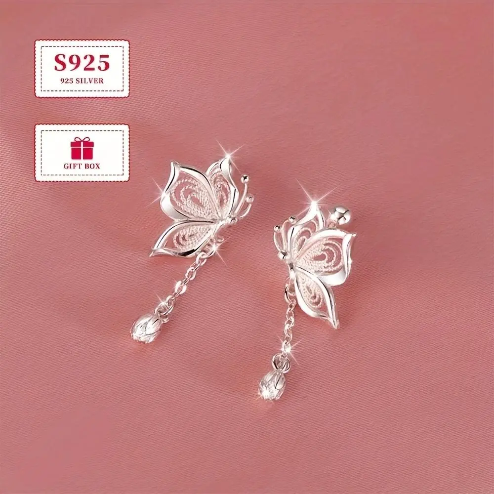 925 Sterling Silver Butterfly Earrings for Women, Tassel Drop Dangle with Hollow Chain, Lightweight Stylish Jewelry for Daily Party Wear, Stylish Accessories, Butterfly Edit, Earrings Jewelry, Hypoallergenic Lightweight Earrings