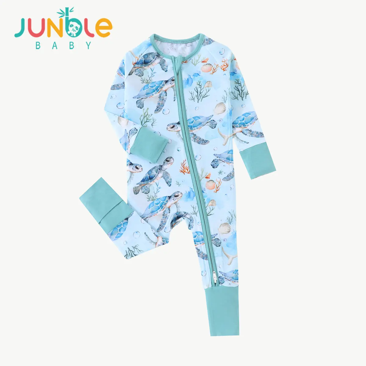JUNBLEBABY Unisex Newborn-Toddler Bamboo Fiber Sleep Suit - 95% Bamboo, 5% Spandex, 2-Way Zip, Turtle Print Romper, Premium Soft Infant Pajamas, Two-Way Zip