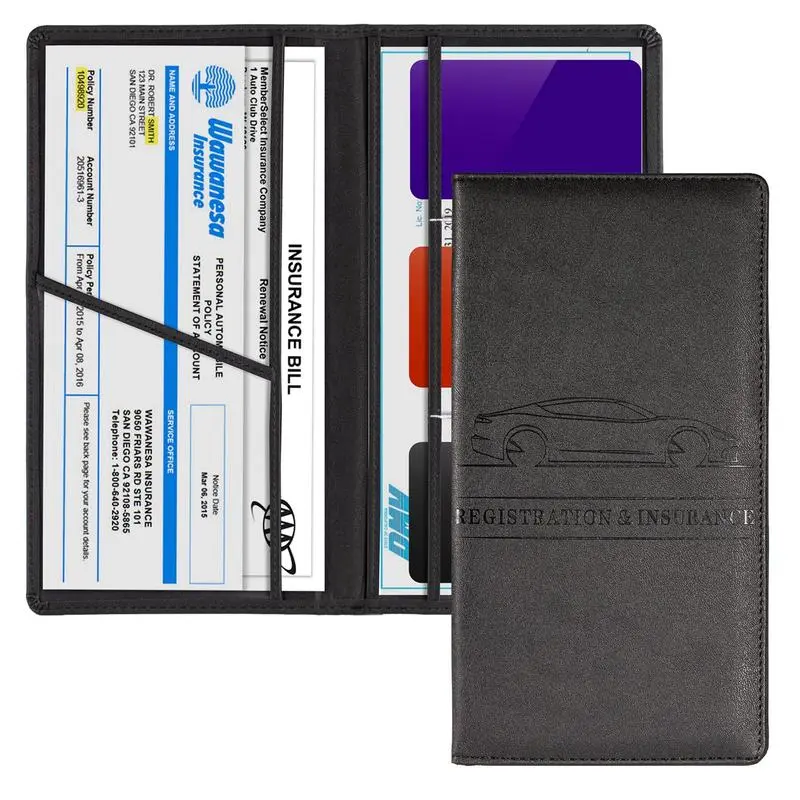 Black Embossed Cover Leather Magnetic-Shut Car Document Wallet - Large Size Vinyl PVC Organizer with Pocket, Quick Read Adjustable Dividers, Transparent Slots, Slim Profile, Glovebox-Ready for Card/Registration/Insurance Car Interior Stowing Accessory