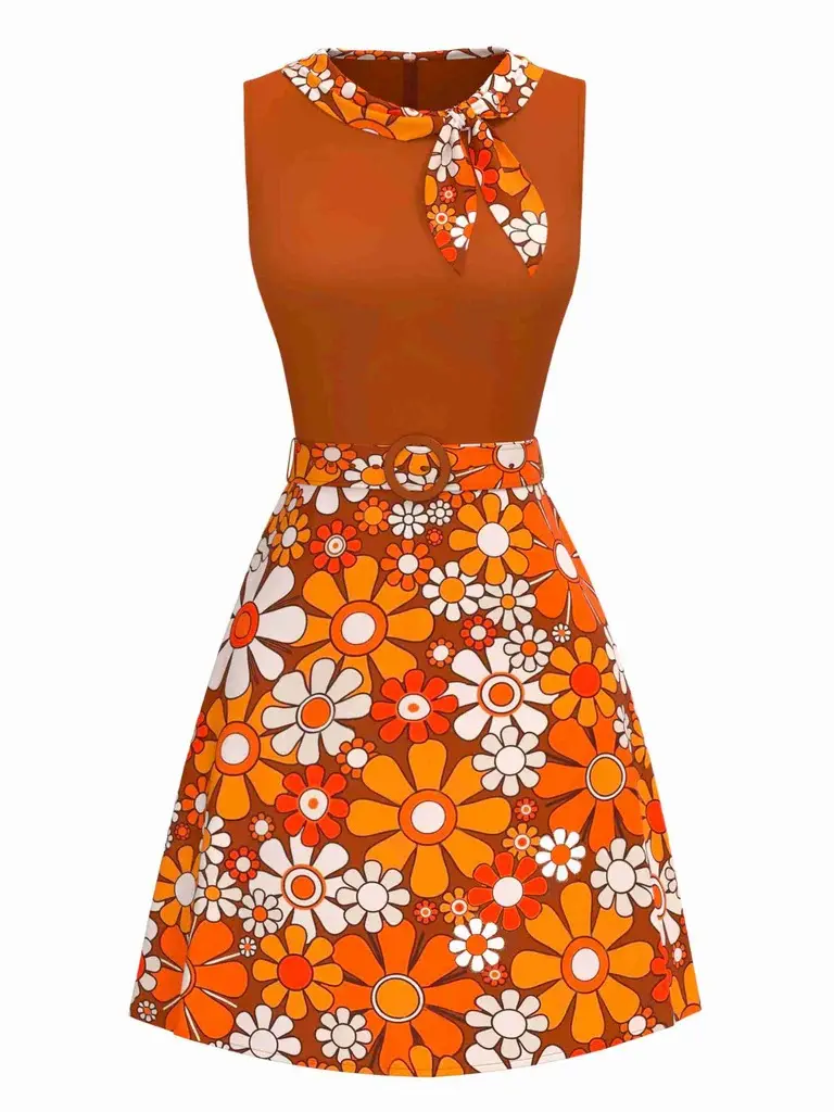 RETRO STAGE Women's Cute 1960s Boho Style Dress, Orange Psychedelic Floral Print Summer Dress, Sleeveless Belted Casual Boho Chic, Above Knee, Elegant, Waist Belt, Boho Casual Dresses