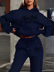 Women's Hooded Sweatshirt Set, Fall & Winter Fleece Warm, New York Brooklyn Letter Print, Casual Street Style, Jogger Pants Design