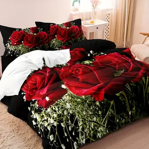 3-Piece Duvet Cover Set, Faux Rose Print Bedding Set, Soft and Comfortable Duvet Cover, Suitable for Bedroom, Guest Room (1 * Duvet Cover + 2 * Pillowcases, Pillow Inserts Not Included)