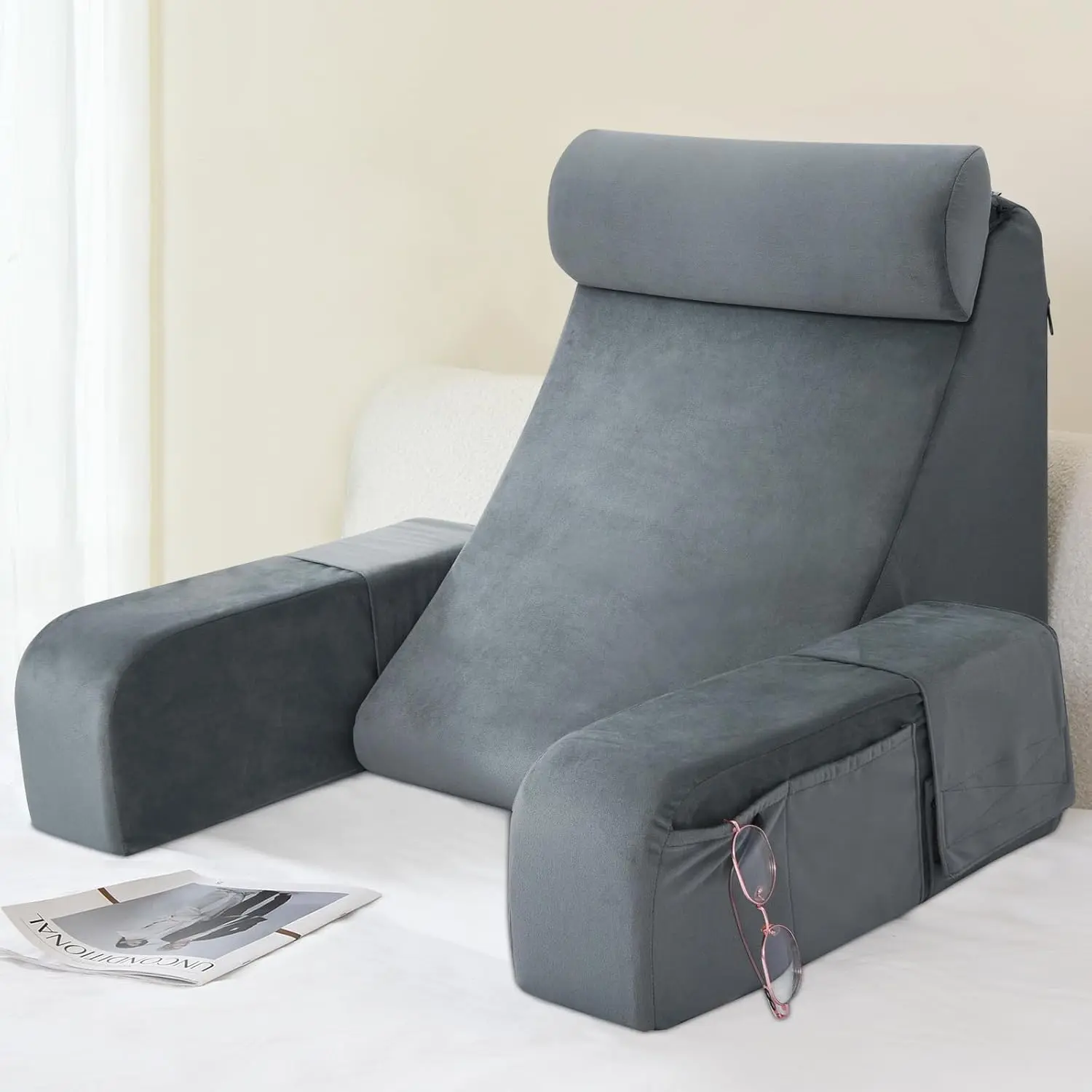 Wedge Pillow, 19" Medium Padded Bed Backrest with Arms, Solid Grey Cushion for Reading, Pregnancy, and Back & Bump Support, Medium Size, Support Arms, Back And Bump Support Maternity Pillows