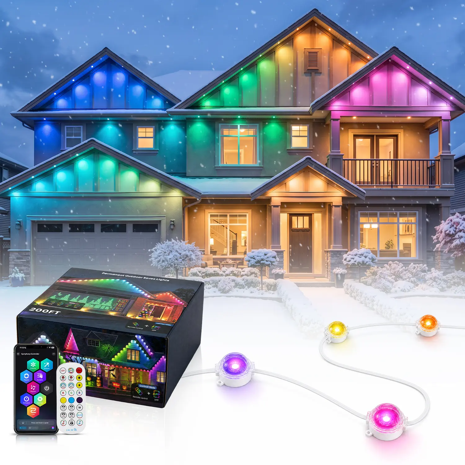 DEMILARE Permanent Outdoor Christmas Lights for House, 50FT-300FT IP67 Waterproof RGBIC & RGBCW IC LED Eaves Lights, Bluetooth APP/2.4G Remote, Alexa & Google Assistant, Music Sync, Scene Modes for Halloween Holiday Party Decor