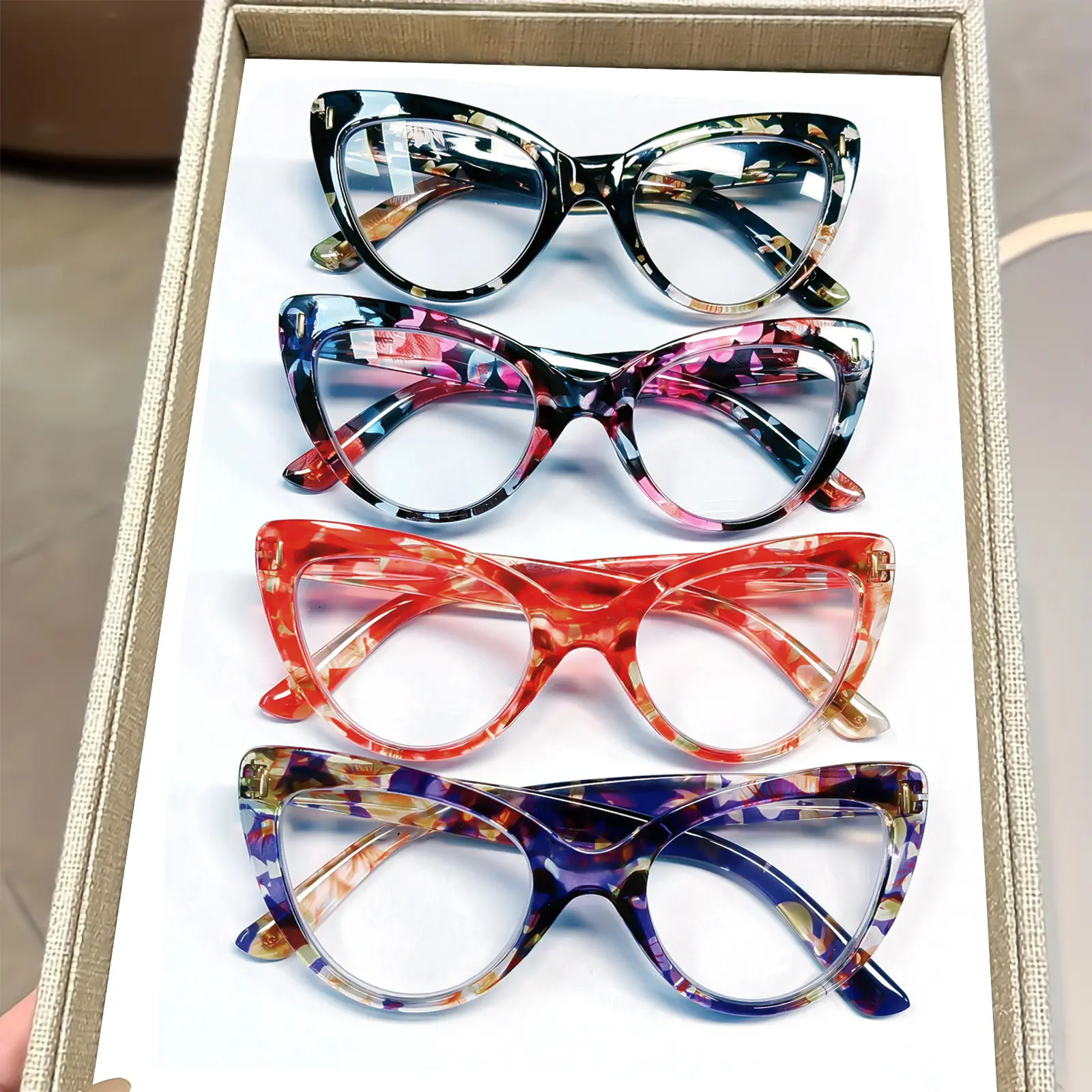 Women's Durable High Quality Eyewear - 4 Pairs Retro Cat-Eye Large Frame Multifocal Reading Glasses, Assorted Patterns, +0 to +4.0 Lens Power, Non-Prescription, Statement Frame Glasses, Long-Lasting