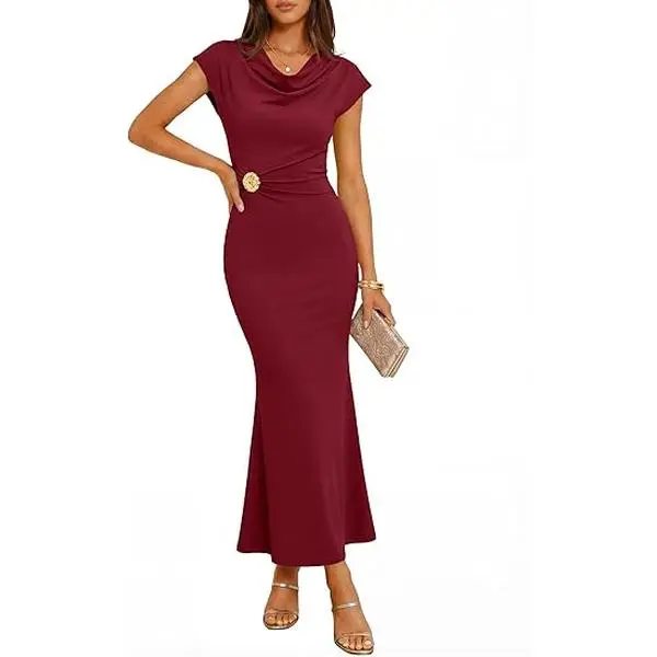 ZESICA Women's Summer Cowl Neck Bodycon Dress 2026 Cap Sleeve Ruched Elegant Wedding Guest Cocktail Long Midi Dresses