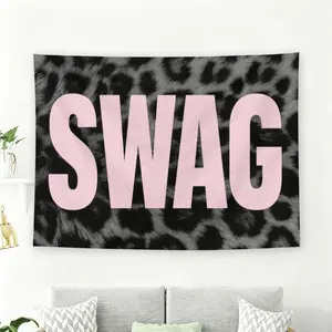 Pink SWAG Typography on Grey Leopard Print Background Wall Flag, Edgy Y2K Grunge Room Decor