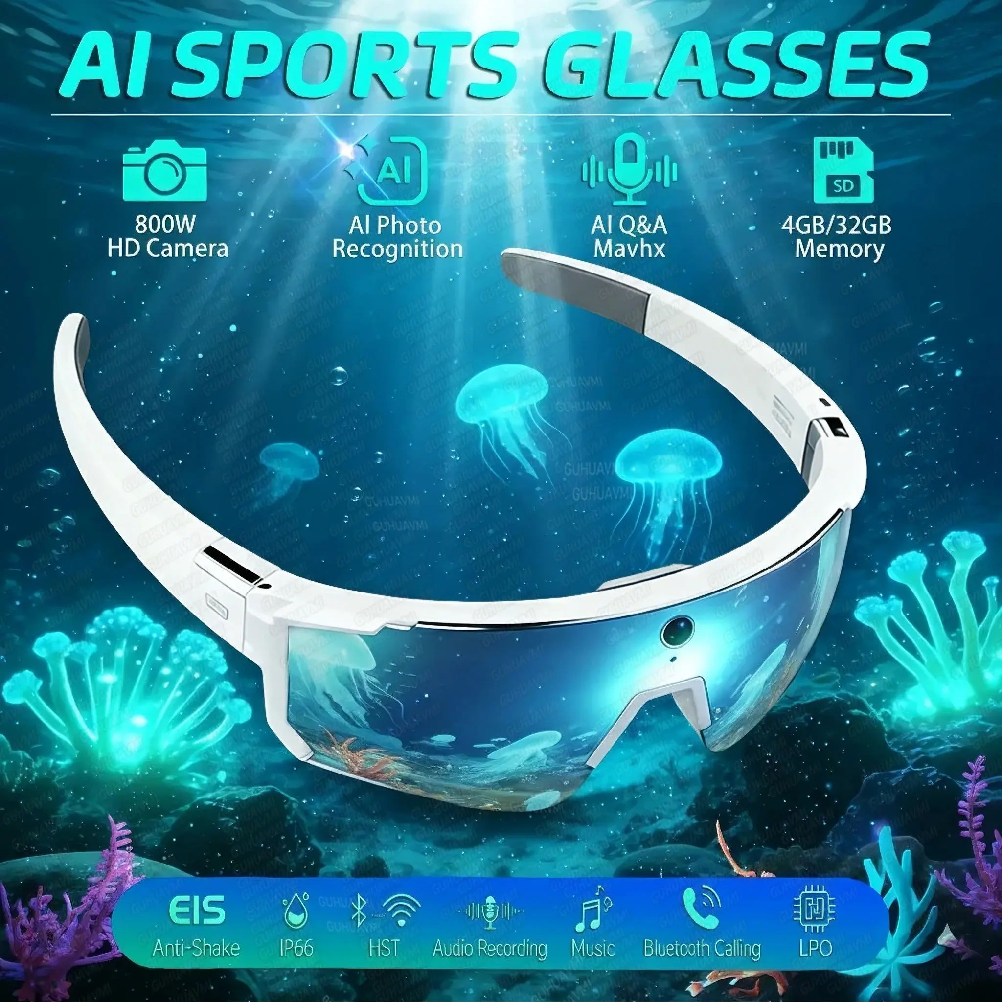 800w HD Smart Glasses, Men's Anti-Shake Camera, Video Recording, Sports Sunglasses, Driving Goggles, Ip66 Waterproof, Suitable for Women, Multifunctional Smart Glasses