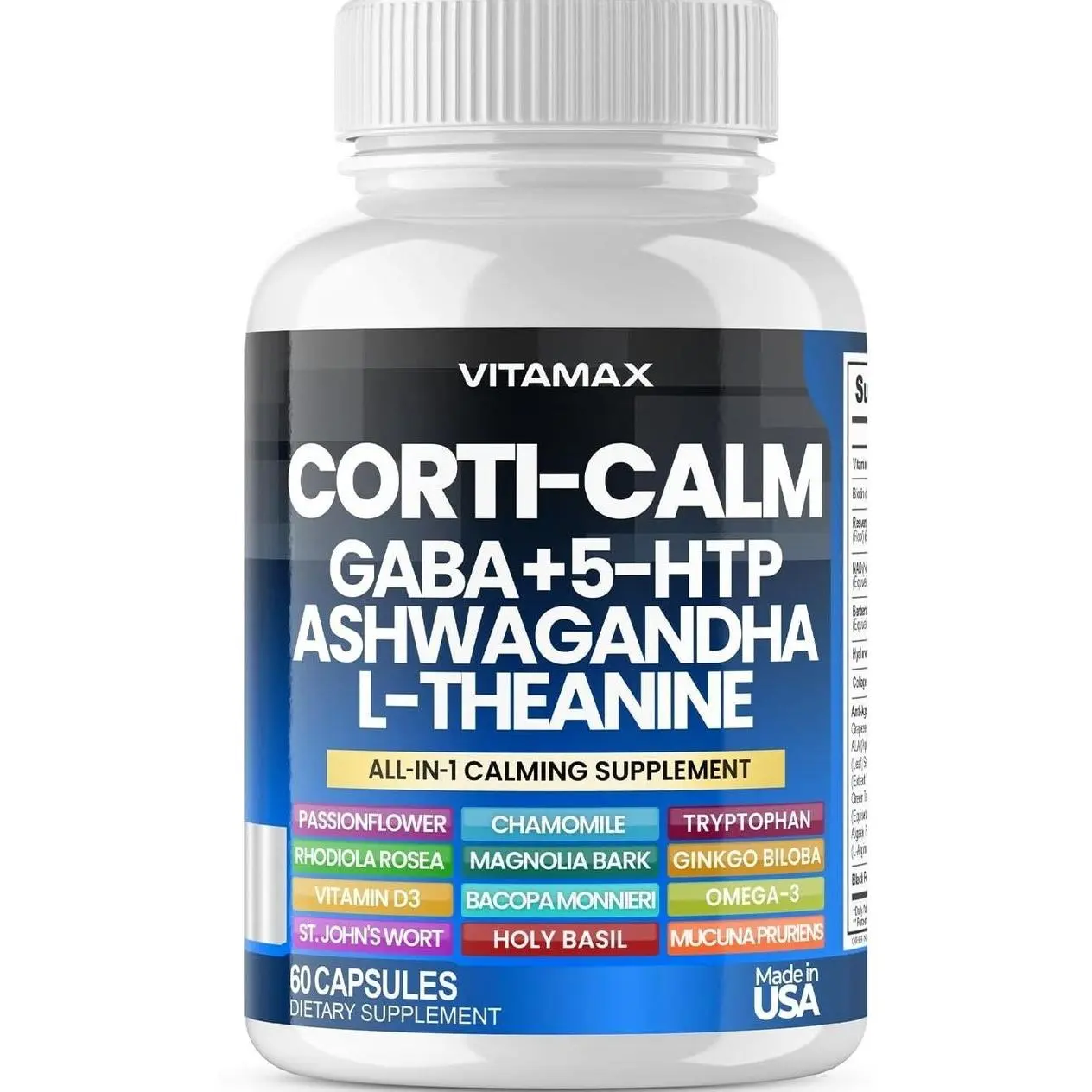 Corti-Calm Cortisol Supplement, L Theanine, Ashwagandha, Vitamin D 3, GABA for Relaxation, Fatigue & Focus with Ginkgo Biloba, Bacopa Monnieri, 5-HTP – Non-GMO, Made in USA – 60ct