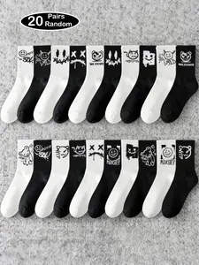 20 Pairs Sock Packs Spring Summer Ghost Face Design Graffiti Long Athletic Socks, Trendy Basketball Sports Mid-Calf Socks (random Style)