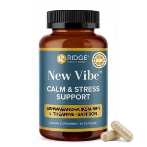 New Vibe Stress & Mood Support - With KSM-66 Ashwagandha - Non-Drowsy Calm Focus with L-Theanine for Men and Women 60 Capsules