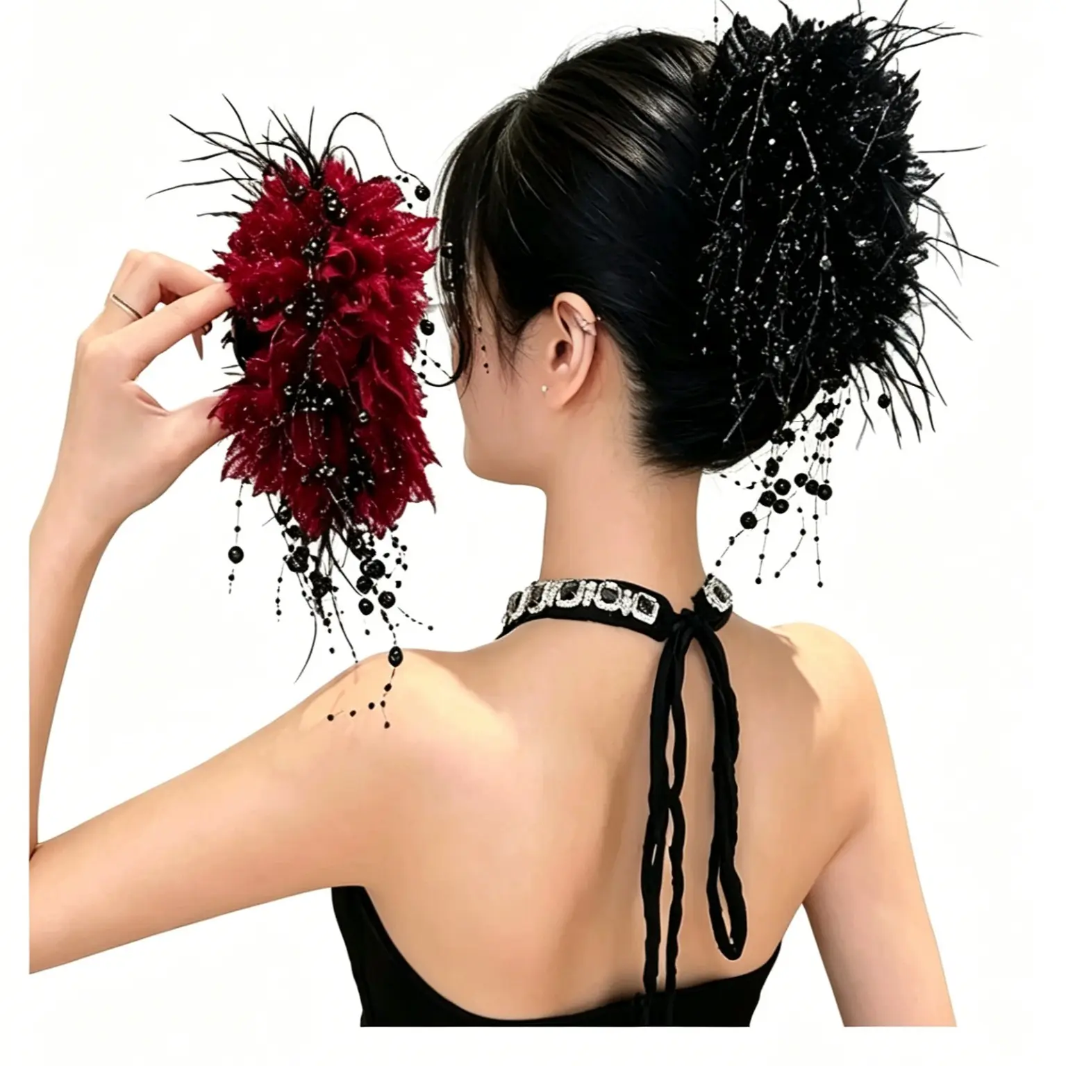 New High-End Luxury Exquisite Versatile Fashionable Retro Hong Kong Style Shiny Flower Temperament White Hairpin Shark Home Clip for Women Updo Beaded Hair Accessory