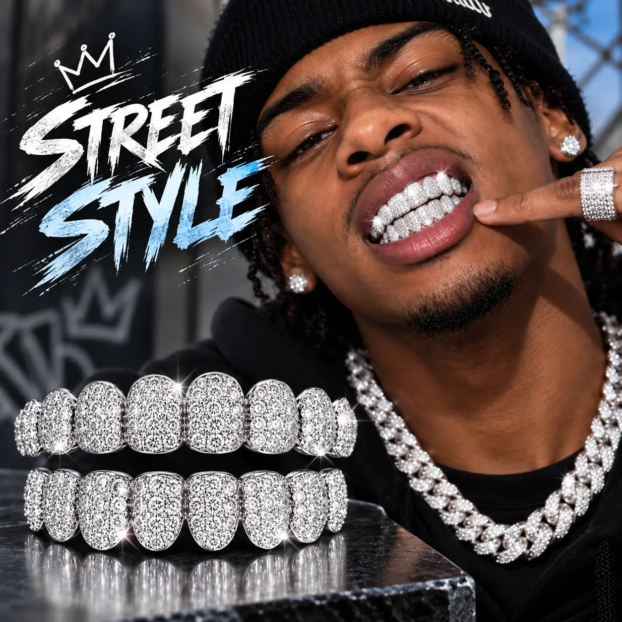 Hip Hop Cubic Zirconia Grillz, MAYLOR 10-Tooth Top & Bottom Teeth Caps with Silicone Molds, Adjustable Unisex Fashion Teeth Jewelry for Cosplay, Parties & Street Style, 2-Piece Set